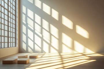 Obraz premium A minimalist workspace with sunlight streaming through a high window, shadows forming geometric patterns