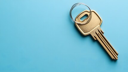 Gold Key With Metal Ring On Blue Background