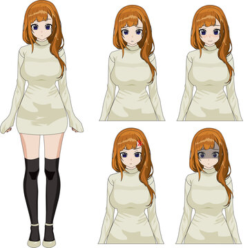 Beautiful anime girl in dress vector full body with set of emotions npc game character illustration japanese style cartoon character for game visual novel
