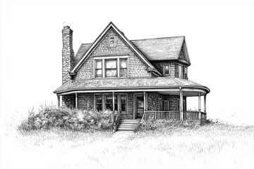A detailed black and white illustration of a vintage Shingle style house with a porch, surrounded by tall grass and bushes. The house features a steep roof, multiple windows, and a stone chimney.