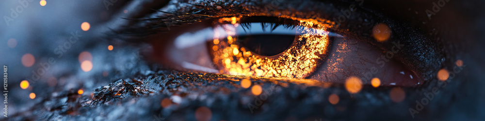 Poster close-up image of an eye with ember-textured iris and bokeh