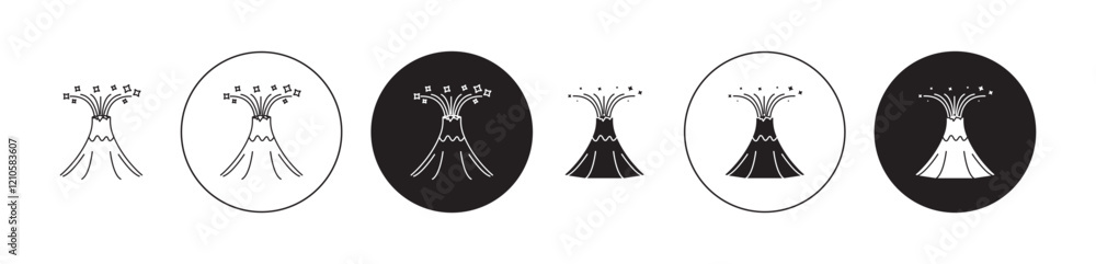 Poster volcano eruption icons set in black filled and stroke line style