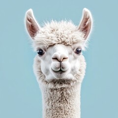 Obraz premium Whimsical White Alpaca on a Bright Blue Canvas â€“ A Playful Take on Nature's Charming Mammal