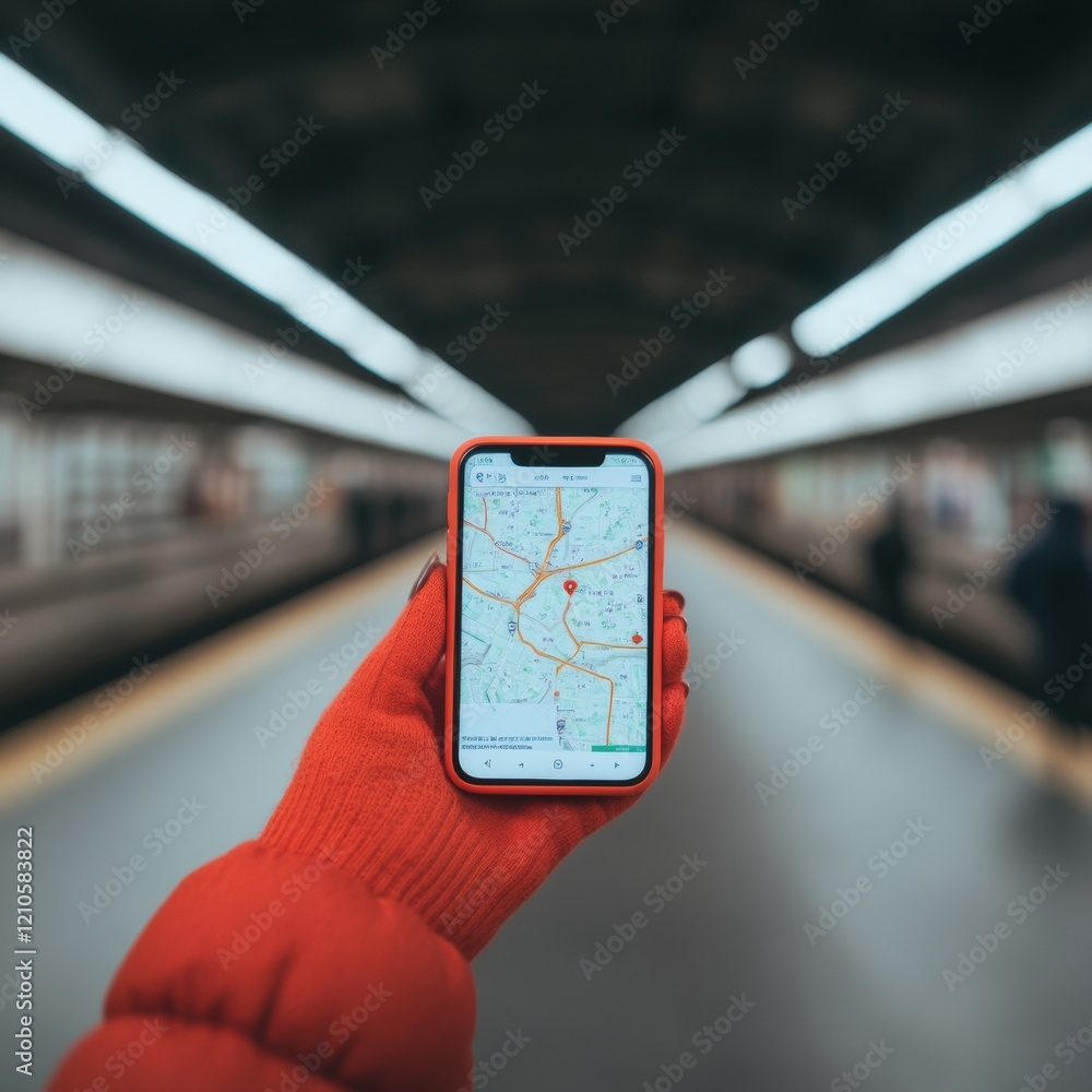 Aufkleber Urban Tech Chic Navigating the Subway with a Smartphone Map - Live Traffic Layers and Points of Interest for Efficient Commuting Solutions in Crowded Metro Stations