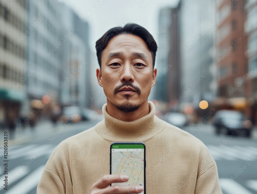 Aufkleber Urban Navigation Tech Close-Up of Korean Man with Smartphone Displaying Map and Traffic Updates in Downtown - Modern Commuting and Digital Travel Solutions