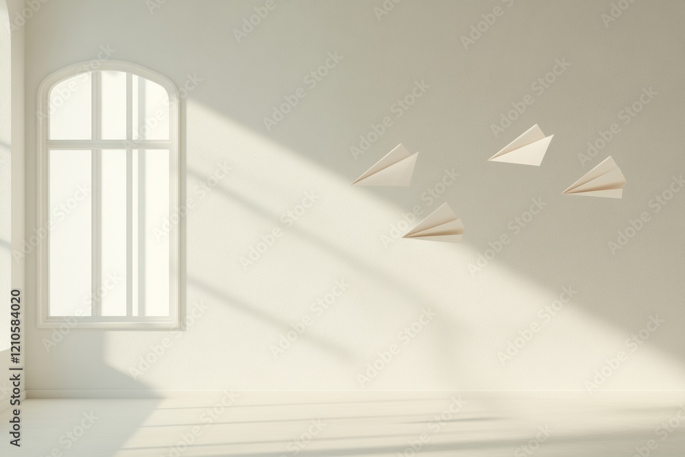 Aufkleber minimalist modern office scene abstract connectivity with floating paper airplanes in sunlit workspa