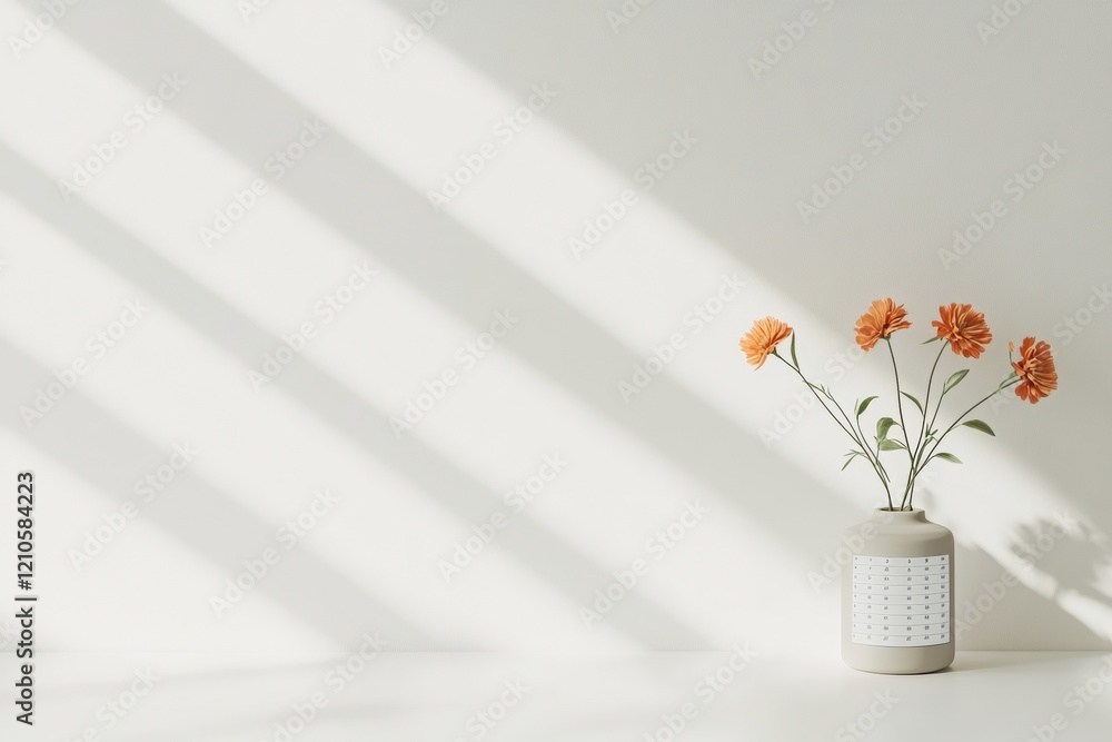 Poster modern minimalist desk setup ceramic vase with orange flowers in sunlit office - enhancing productiv