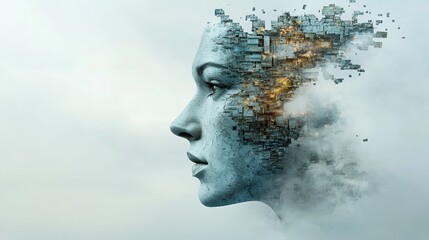 Surreal portrait of a fragmented woman blending with a digital architectural landscape.