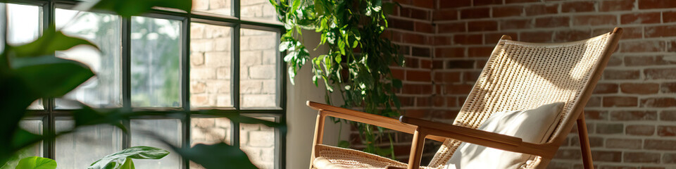 Fototapeta premium Wooden Rocking Chair, Plants, and Brick Wall Interior