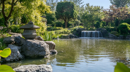 Naklejka premium Peaceful Japanese Garden with Small Waterfall and Lush Greenery : Generative AI