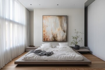 A modern minimalist bedroom with low-profile furniture, soft neutral colors, and a large abstract painting as the focal point