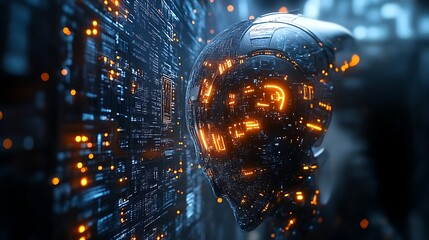 Futuristic robot head near circuit board.