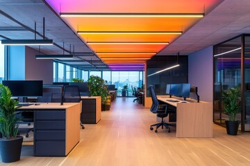 A modern office interior with an open layout, ergonomic setups, and a glowing gradient ceiling