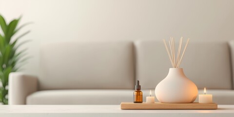 Mindful living with wellness and consciousness concept. Modern living room with diffuser, candles, and decorative elements.