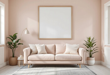 An empty frame poster mockup in a Scandinavian-inspired room with soft pastel walls. A light wood frame is styled above a pale pink sofa, with a gray rug, minimal decor.