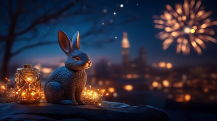 Carved wooden rabbit with glowing lights in front of a New Year's celebration with fireworks. Generative AI