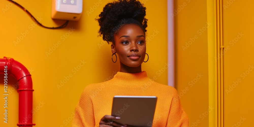 Poster smart home efficiency african female using tablet for automated water leak detection - tech-driven p
