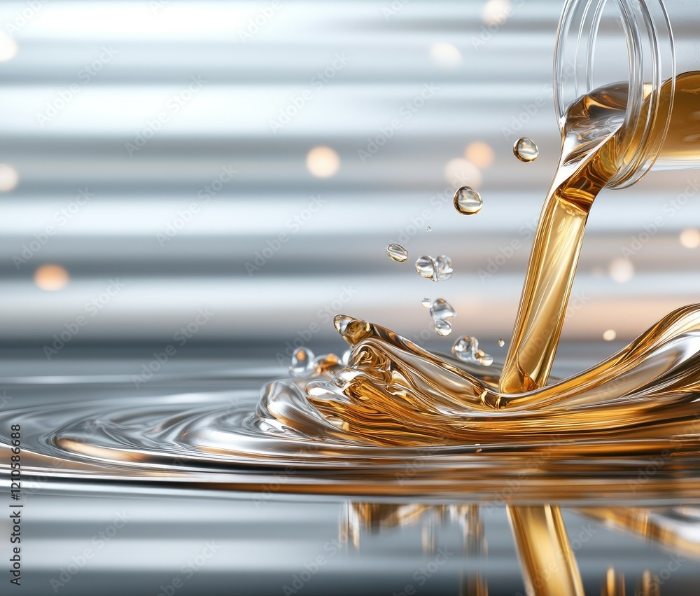 Poster liquid gold cascades from a glass container, creating splashes in a metallic setting with shimmering