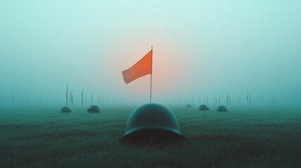 Nostalgic Tributescape Fog-Embraced Battlefield with Vintage Helmets, Flags and Rifles - Historical Legacy Content for Museums and Educational Displays