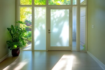 Obraz premium A peaceful entryway with light streaming through frosted glass, creating a soft and diffused glow