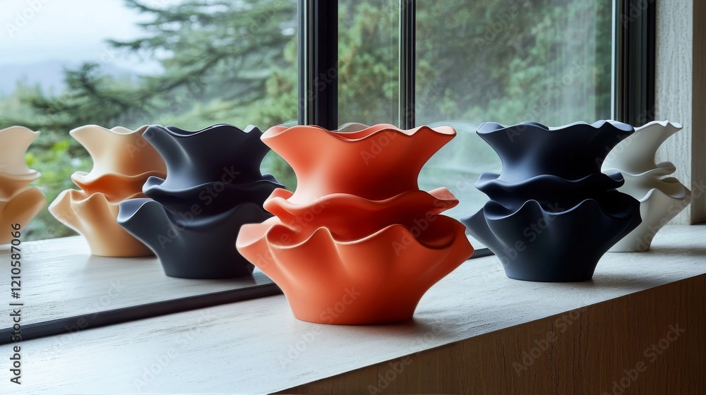 Poster unique colorful vases arranged on a windowsill with natural light illuminated during daytime