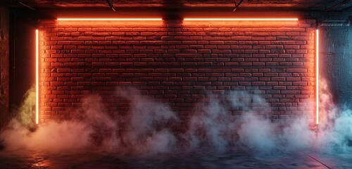 A brick wall illuminated by neon lights, with smoke gently swirling through the space, creating a mysterious atmosphere.