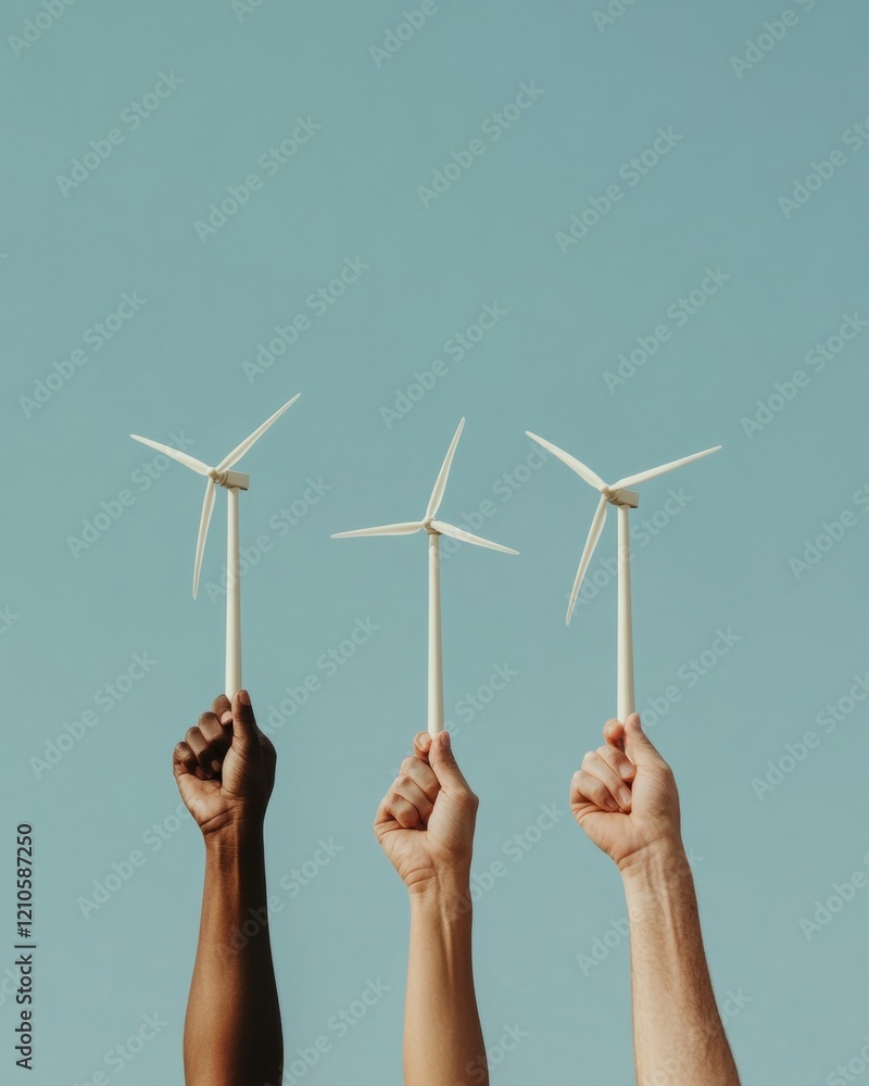 Aufkleber collaborative diversity in green tech hands of different ethnicities holding miniature wind turbines