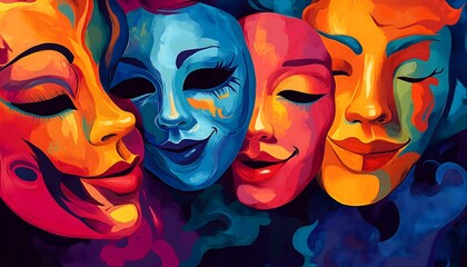 An illustration of four colorful drama masks