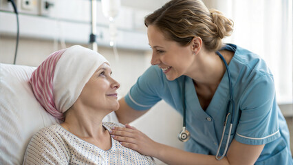 Fototapeta premium Caring nurse comforting cancer patient in hospital room during treatment process