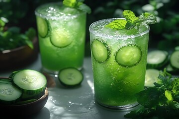 Two refreshing cucumber mint drinks with ice.