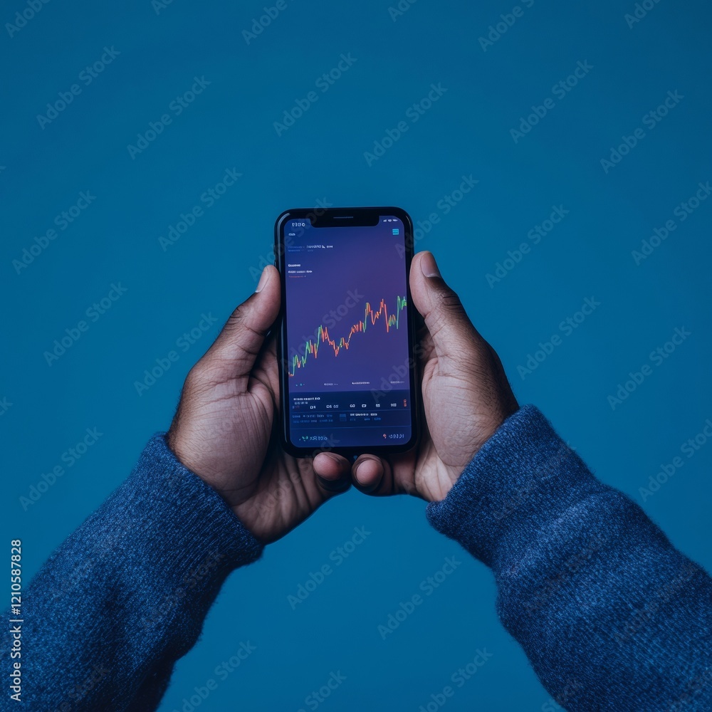 Poster tech-savvy finance hands in cozy knit holding phone with crypto trading app - enhancing digital curr