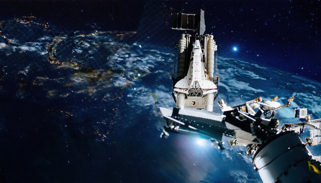 Exploration of cosmic realms as a space shuttle launches towards distant horizons in the vast expanse of the universe