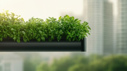 herbs growing in vertical garden planter mounted on balcony railing with blurred cityscape