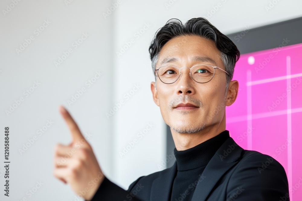 Poster tech-forward volunteer coordination middle-aged korean professional engages digital task board in mo