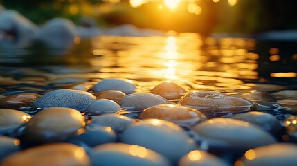 Fototapeta premium Tranquil pathway of stones across a peaceful stream at sunset in a natural setting