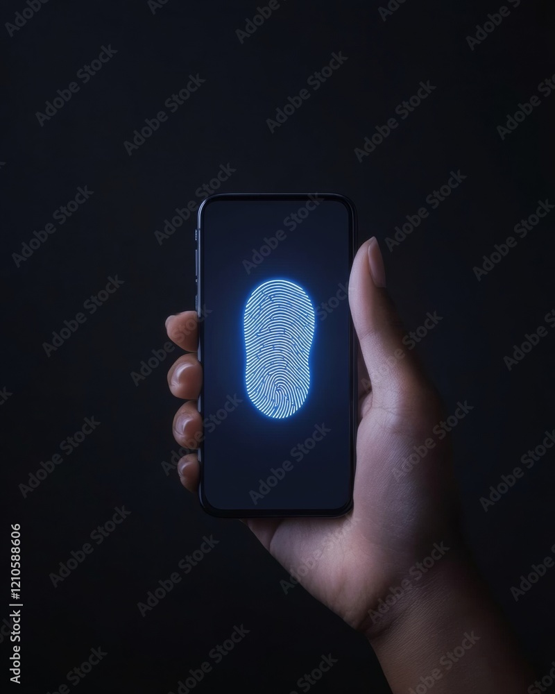 Poster Futuristic Smartphone Biometrics Secure Fingerprint Authentication in Blue Light for Digital Wallets - Enhancing Mobile Payment Security and Privacy for Diverse Users