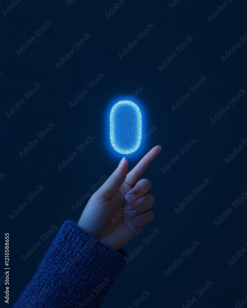 Aufkleber Glowing Cyber Aesthetic Hand Interacts with Biometric Sensor Ring on Navy Blue Canvas - Mobile Payment Solutions and Secure Digital Authentication for Tech-Savvy Consumers