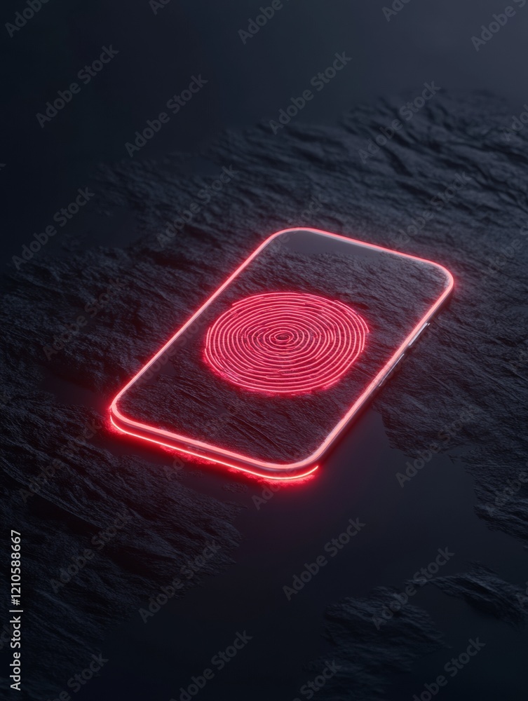 Aufkleber Neon Cybersecurity Display Smartphone with Holographic Identity and Encrypted Data Lines in a Dark, Textured Setting - Digital Innovation for Secure User Authentication Systems