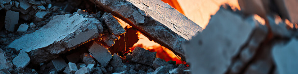 Fototapeta premium Close-up of Broken Concrete with Internal Orange Glow