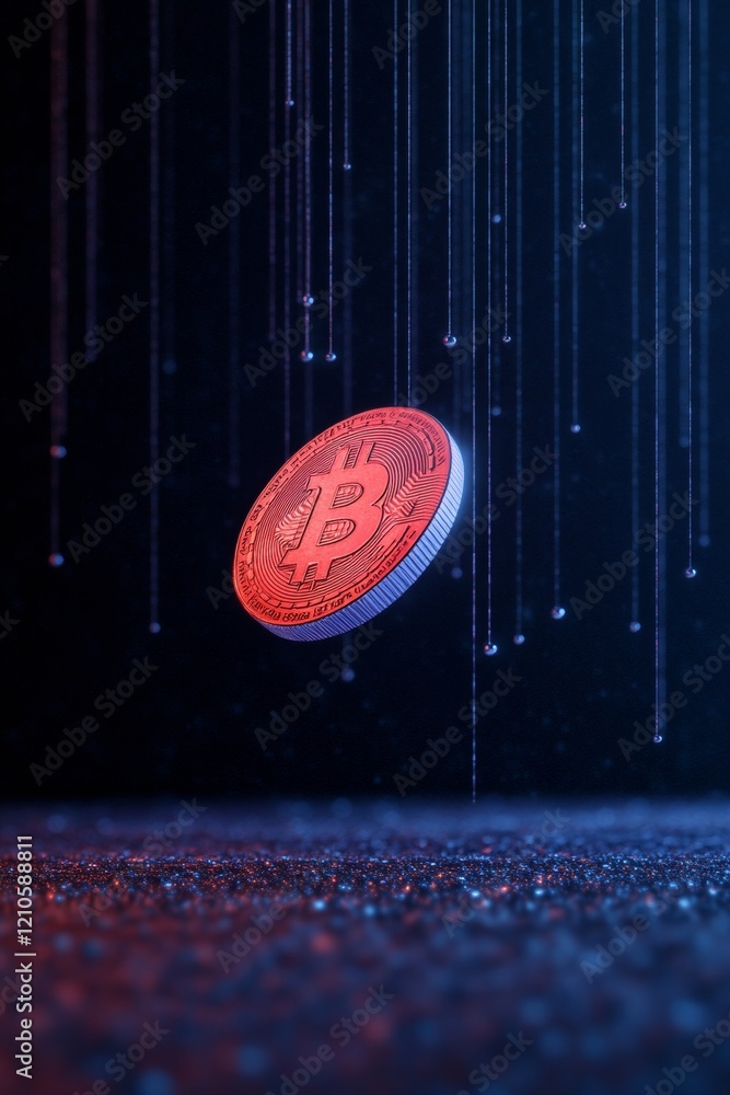 Poster Neon-Futuristic Cryptocurrency Display Digital Coins in Blue and Violet with Blockchain Lines - Financial Innovation and Virtual Asset Marketing for Modern Finance Trends
