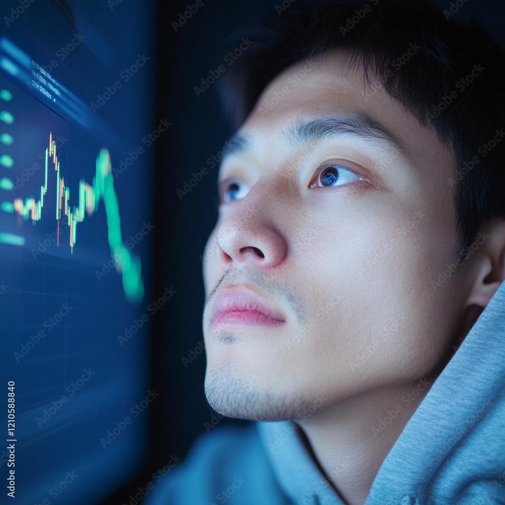 Poster Dynamic Cryptocurrency Hub Young Trader Engages with LED Lit Workstation in High-Tech Finance Space Real-Time Data and Cybersecurity for Innovative Investment Strategies