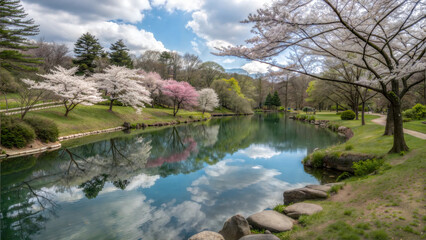 Serene spring garden with cherry blossoms and reflections in a clear pond