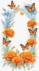 Floral frame of orange marigold flowers with butterflies