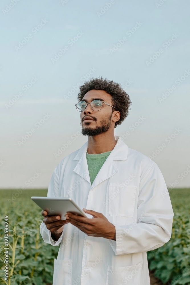 Poster Agritech Innovation in Sustainable Crop Fields Male Scientist Analyzing Data with Tablet - Advanced Eco-Friendly Farming Solutions and Crop Research for Modern Agricultural Growth