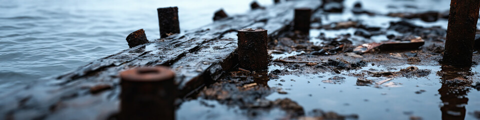 Fototapeta premium Submerged Decaying Wooden Structure with Rusty Metal Fasteners