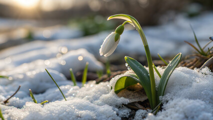 Delicate snowdrop flower emerging through melting snow in a forest clearing