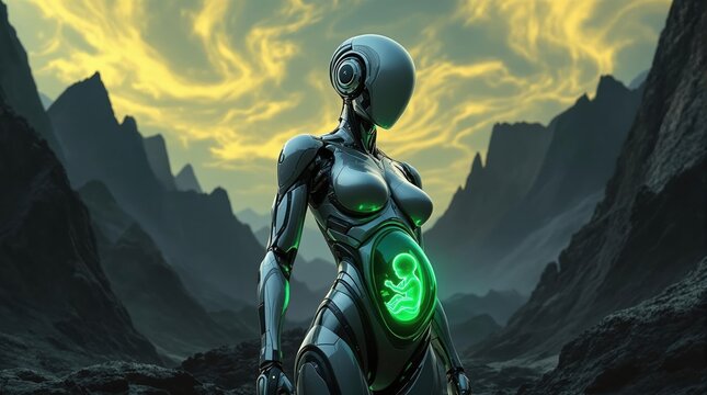 Futuristic robot with green glowing holographic baby in mountainous landscape