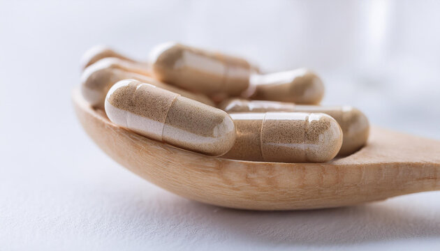 Vitamin capsules on wooden spoon. Healthy lifestyle. Mineral supplement, antioxidant. Medicine
