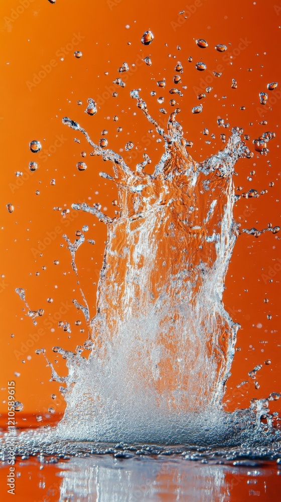 Poster water splashing dynamically against an orange background capturing vibrant energy and movement