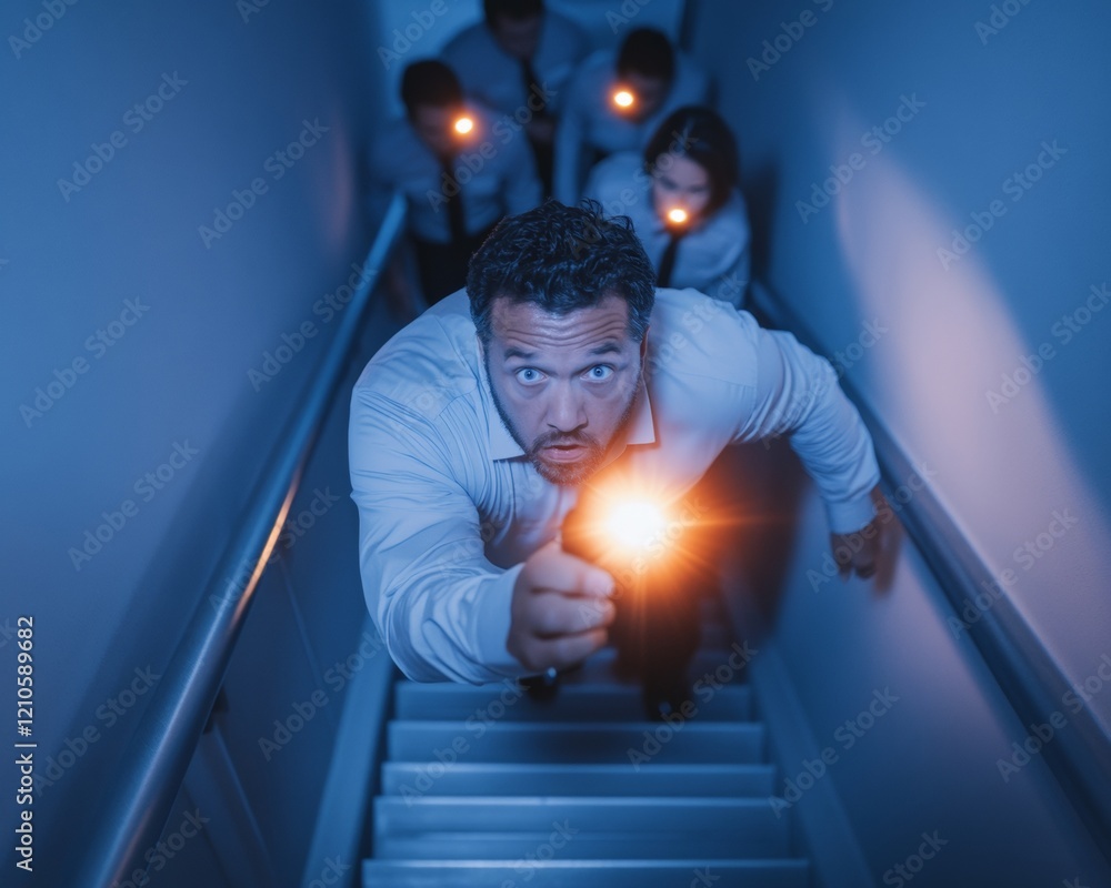 Poster modern corporate safety drill cohesive team escaping via illuminated staircase with security guidanc